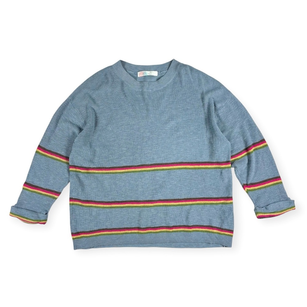 Free People Blue Striped Crewneck Sweater with Rainbow Bands